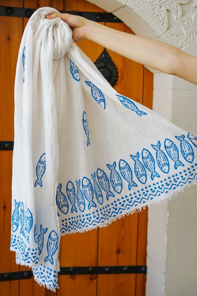 Çivit Mavi Balıklar - Organik Pamuk Şal