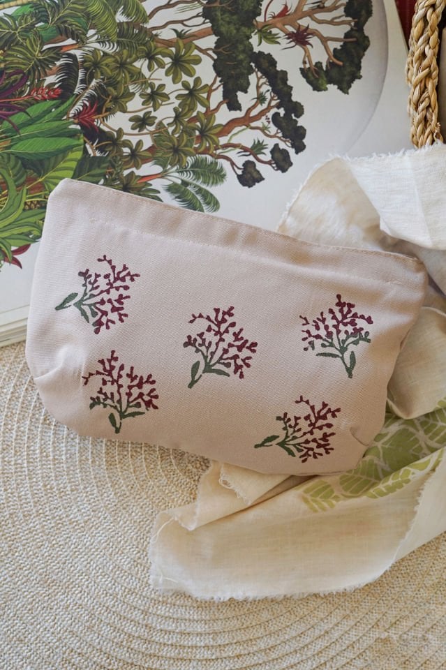 Bordo Mimozalar Desenli Makyaj Çantası