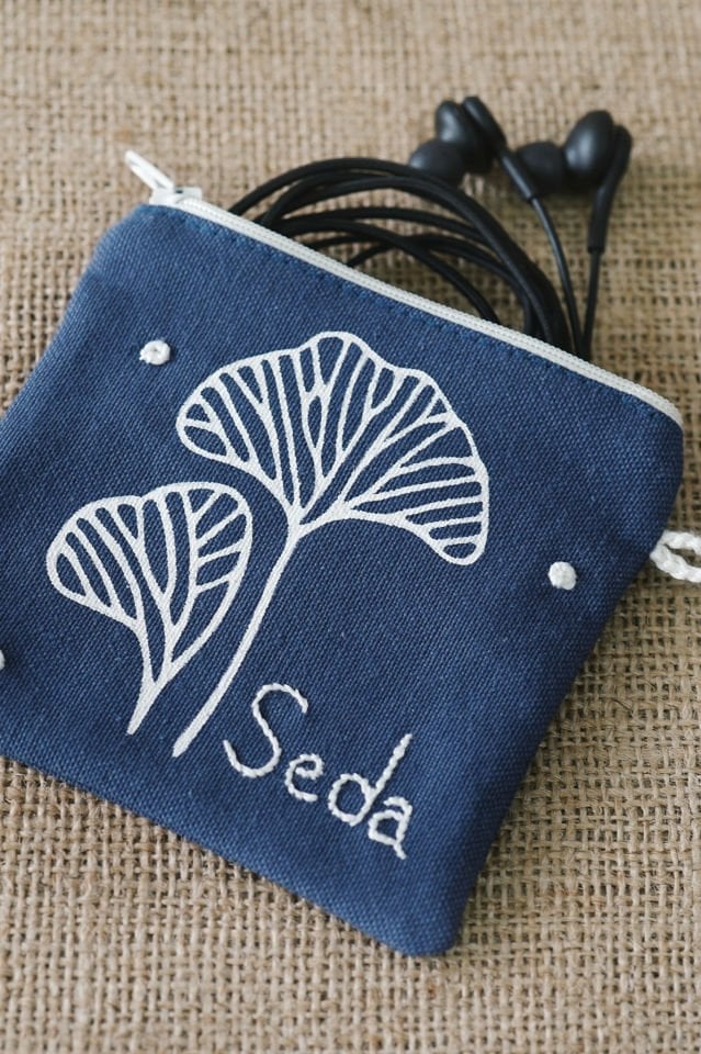 İndigo Ginkgolar Desenli İsim İşlemeli Mini Cüzdan