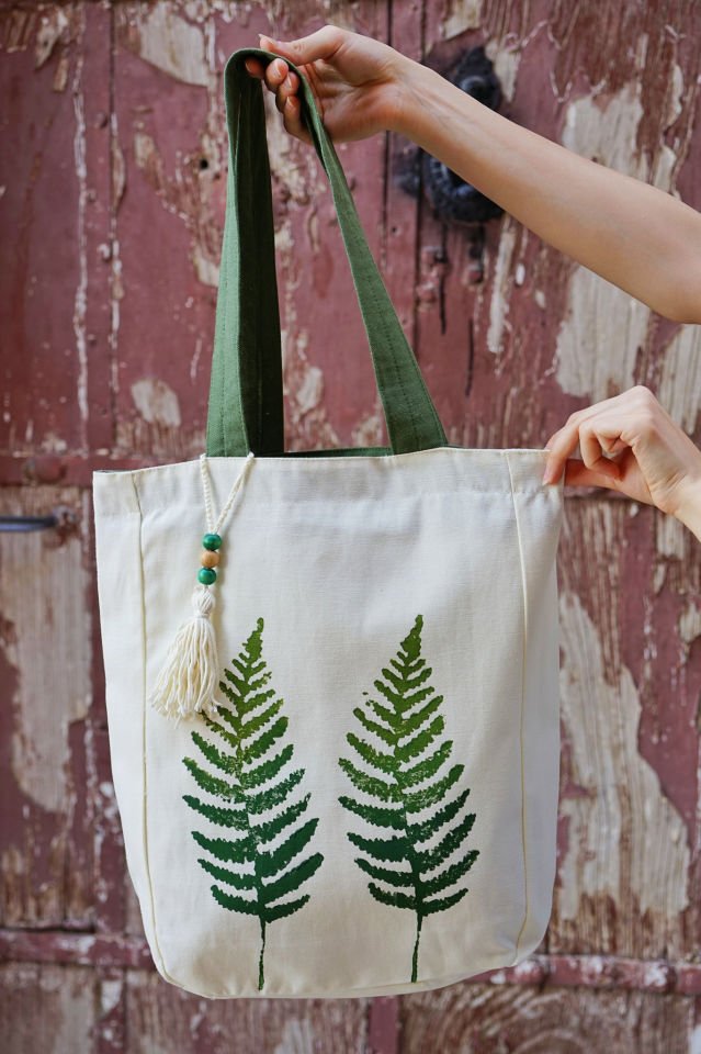 Yeşil Büyük Eğrelti Otları Desenli Kalın Keten Çanta