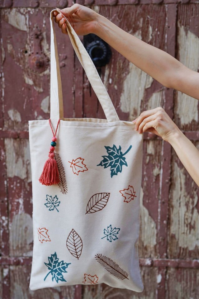 Sonbahar Çınarları Desenli Amerikan Bezi Çanta