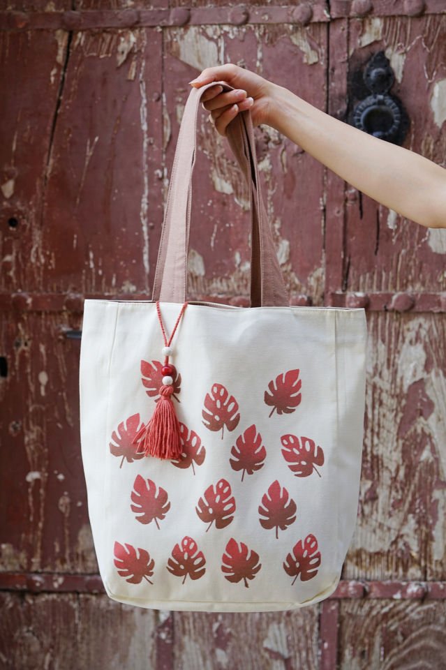 Sonbahar Monstera Yaprakları Desenli Kalın Keten Çanta