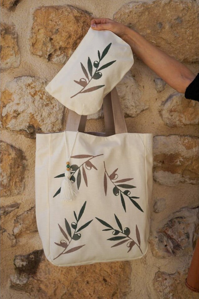 Zeytin Ağacı Desenli Kalın Keten Çanta & Makyaj Çantası