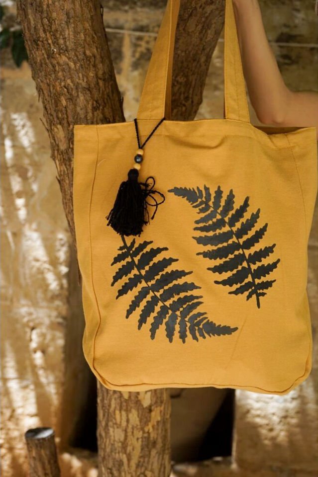 Sarı Eğreltiler Desenli Keten Çanta