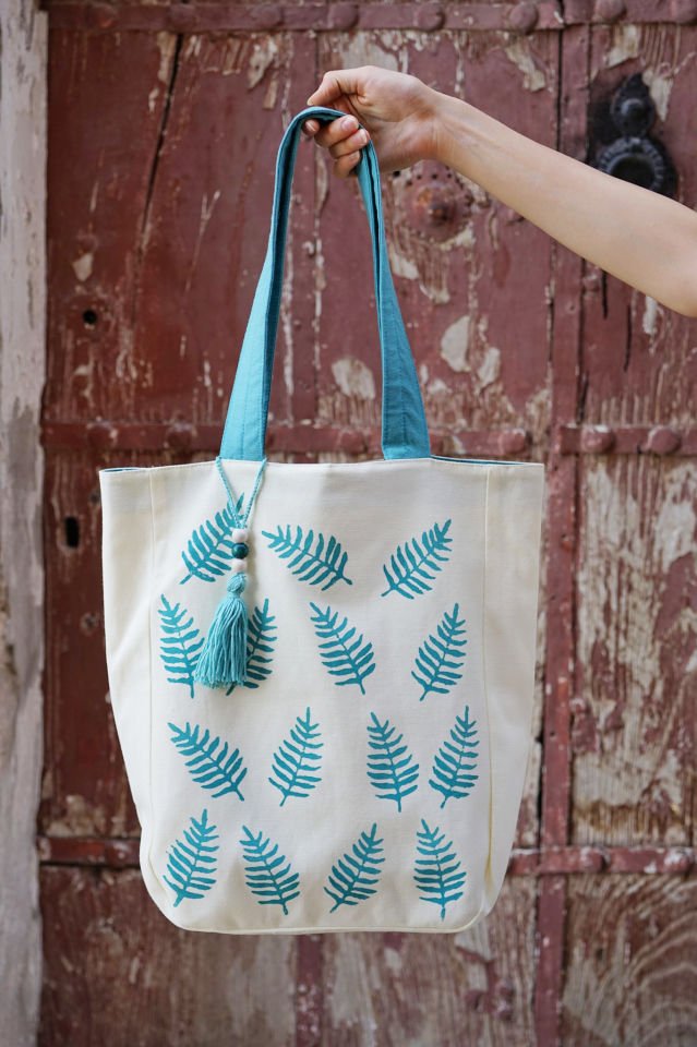 Turkuaz Eğrelti Otları Desenli Kalın Keten Çanta