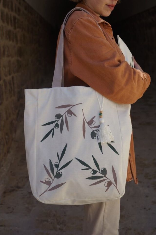 Zeytin Ağacı Desenli Kalın Keten Çanta