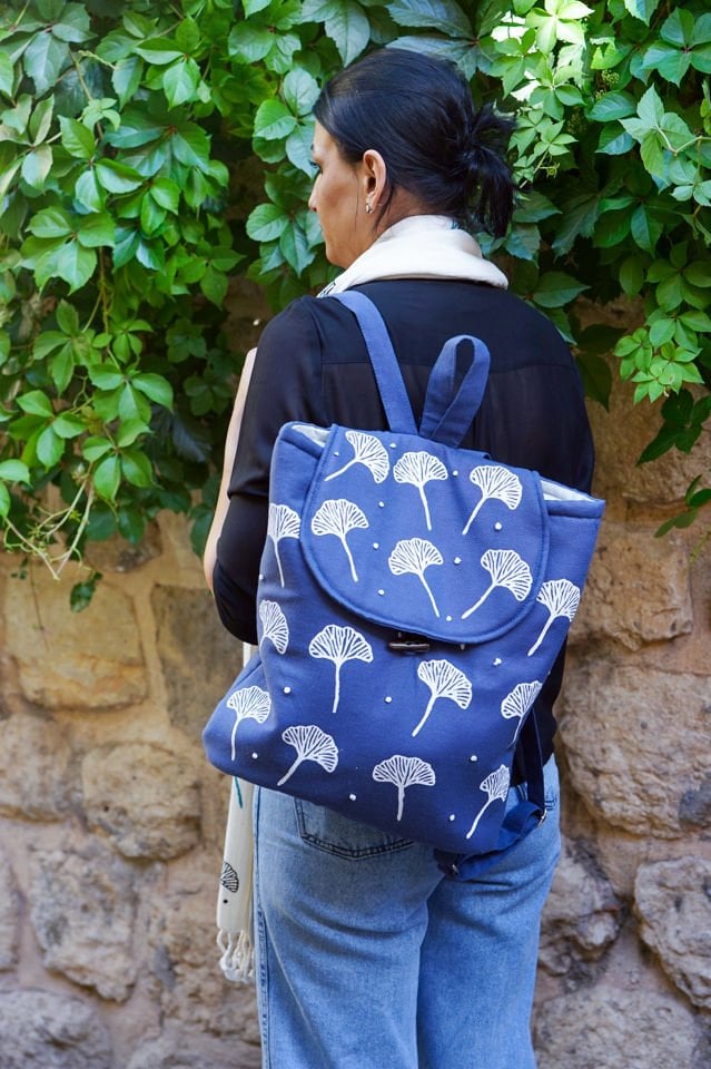 İndigo Ginkgolar Desenli Sırt Çantası