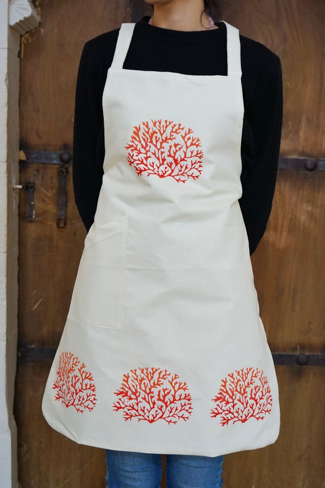 Kırmızı & Turuncu Mercanlar Desenli Kalın Keten Önlük